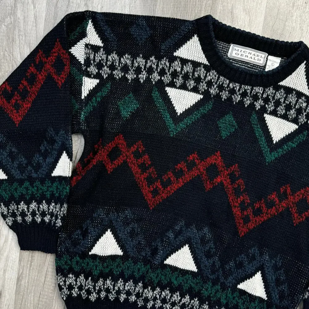 Vintage Grandpa Crew Neck Sweater Geometric Stripped Size Large Dark Academia